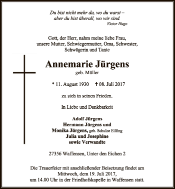 Traueranzeige von Annemarie Jürgens von SYK