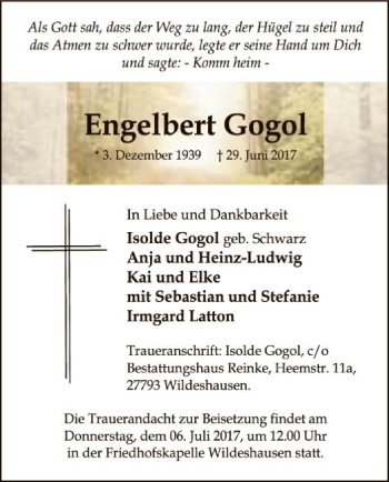 Traueranzeige von Engelbert Gogol von SYK