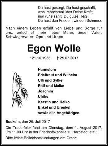 Traueranzeige von Egon Wolle von SYK