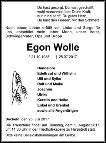 Traueranzeige von Egon Wolle von SYK