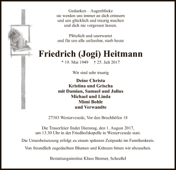 Traueranzeige von Friedrich  Heftmann von SYK