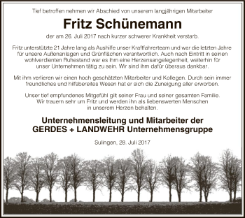 Traueranzeige von Fritz Schünemann von SYK