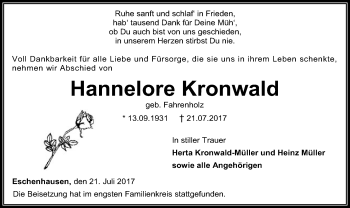 Traueranzeige von Hannelore Kronwald von SYK