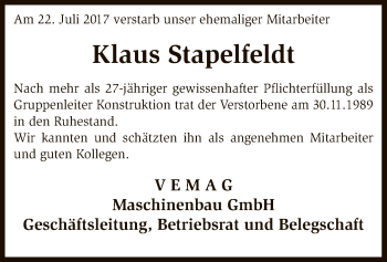 Traueranzeige von Klaus Stapelfeldt von SYK