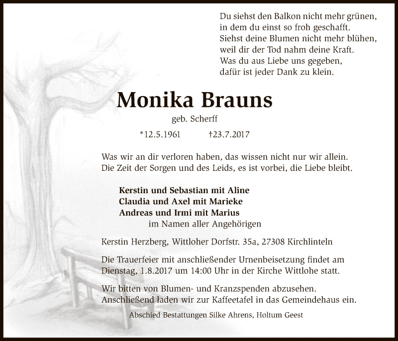  Traueranzeige für Monika Brauns vom 28.07.2017 aus SYK