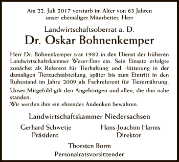 Traueranzeige von Oskar Bohnenkemper von SYK