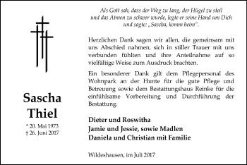 Traueranzeige von Sascha Thiel von SYK