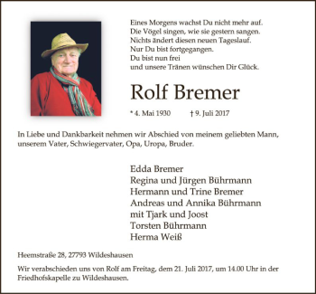 Traueranzeige von Rolf Bremer von SYK