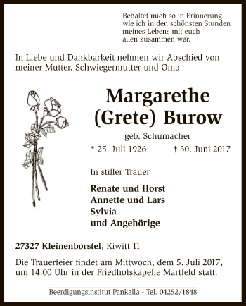 Traueranzeige von Margarethe Burow von SYK