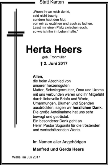 Traueranzeige von Herta Heers von SYK