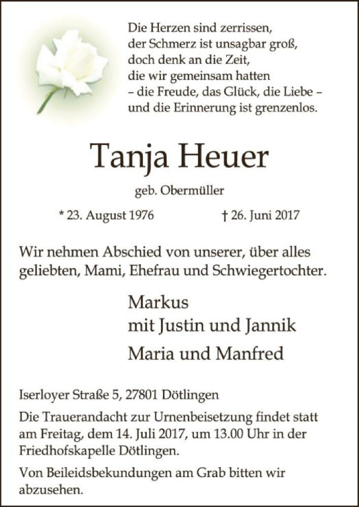  Traueranzeige für Tanja Heuer vom 08.07.2017 aus SYK