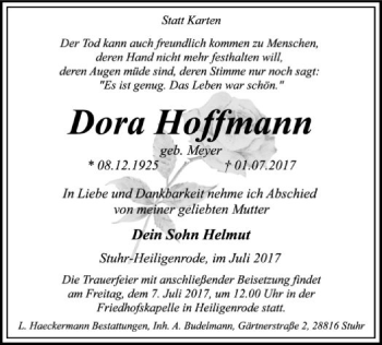 Traueranzeige von Dora Hoffmann von SYK