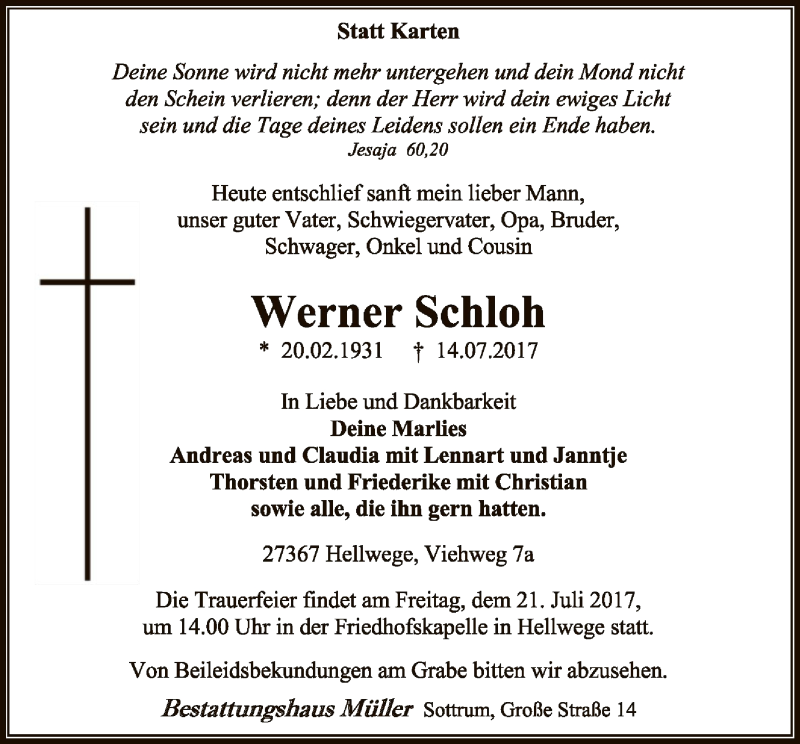  Traueranzeige für Werner Schloh vom 17.07.2017 aus SYK