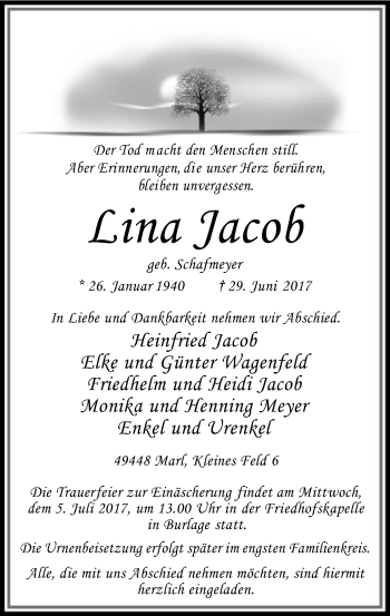 Traueranzeige von Lina Jacob von SYK