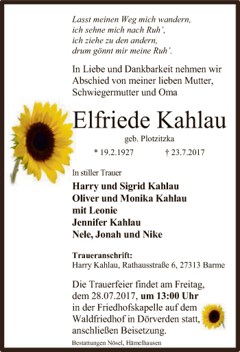 Traueranzeige von Elfriede Kahlau von SYK