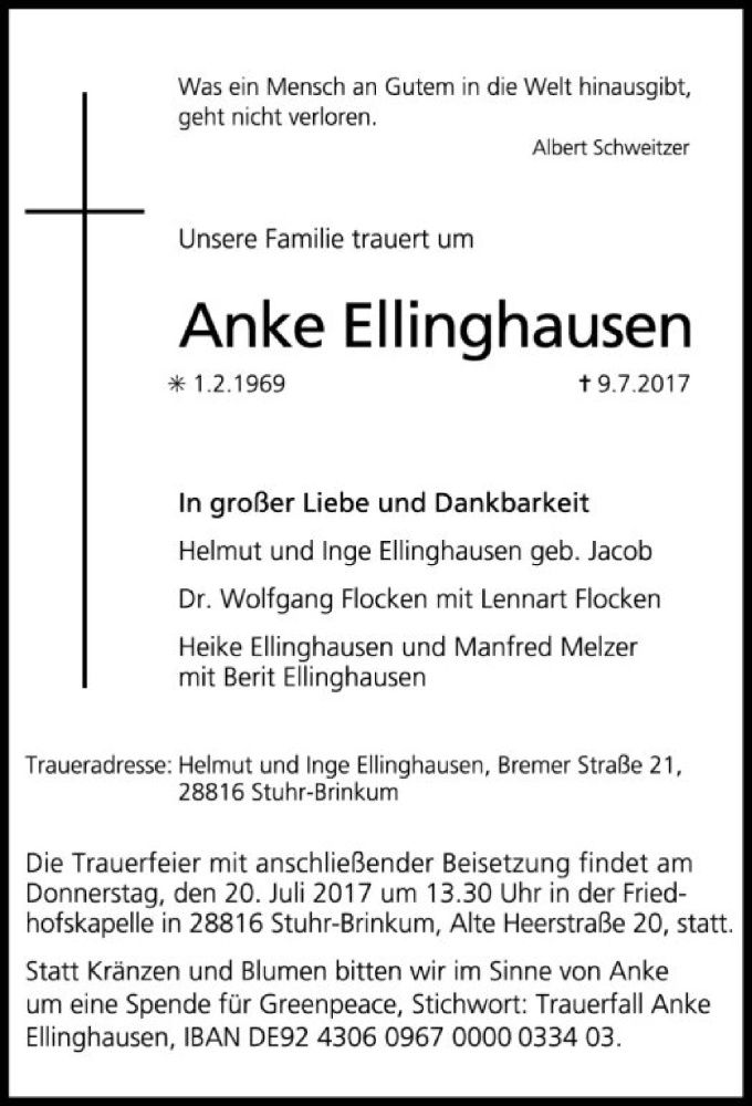  Traueranzeige für Anke Ellinghausen vom 15.07.2017 aus SYK