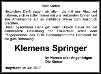 Traueranzeige von Klemens Springer von SYK