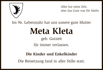 Traueranzeige von Meta Kleta von SYK