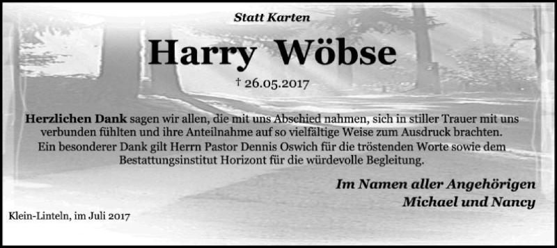  Traueranzeige für Harry Wöbse vom 08.07.2017 aus SYK