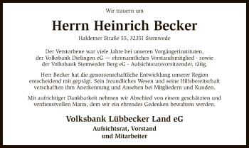 Traueranzeige von Heinrich Becker von SYK