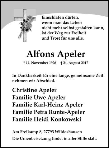 Traueranzeige von Alfons Apeler von SYK