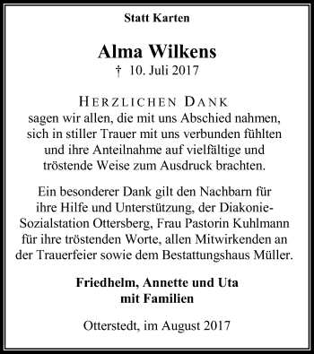 Traueranzeige von Alma Wilkens von SYK