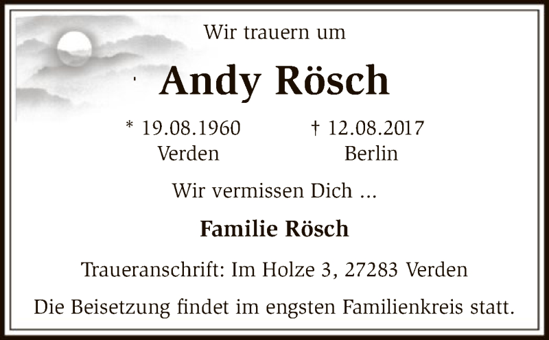  Traueranzeige für Andy Rösch vom 15.08.2017 aus SYK