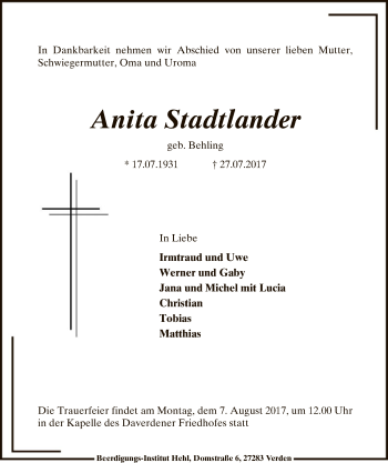 Traueranzeige von Anita Stadtlander von SYK