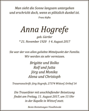 Traueranzeige von Anna Hogrefe von SYK