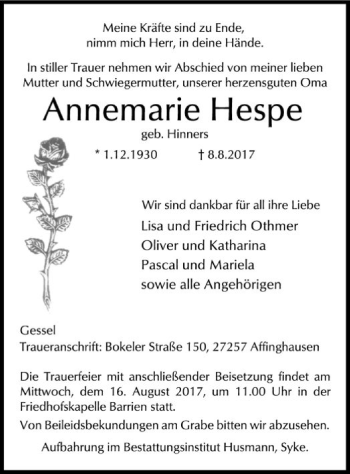 Traueranzeige von Annemarie Hespe von SYK