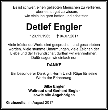 Traueranzeige von Detlef Engler von SYK