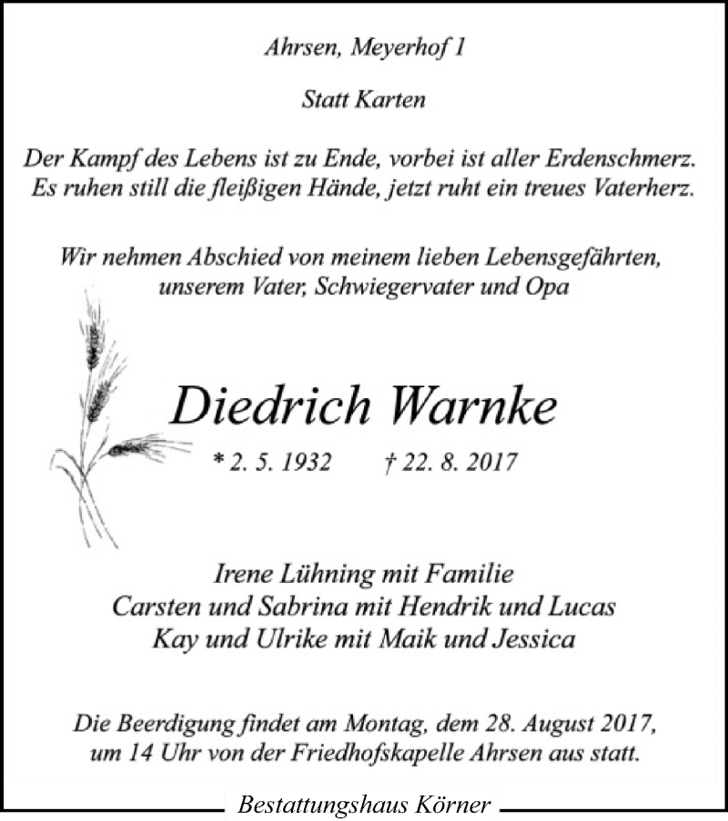  Traueranzeige für Diedrich Warnke vom 24.08.2017 aus SYK