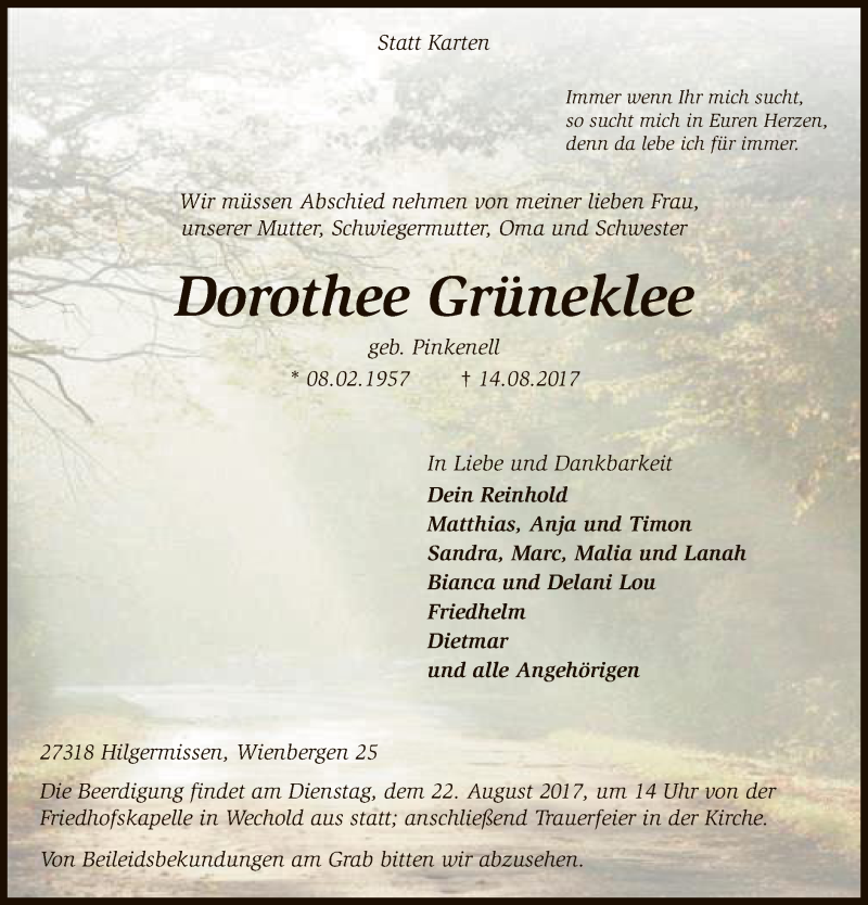  Traueranzeige für Dorothee Grüneklee vom 17.08.2017 aus SYK