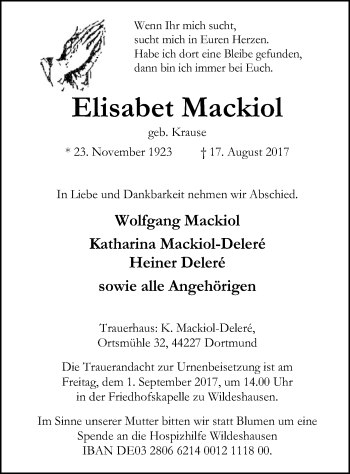 Traueranzeige von Elisabet Mackiol von SYK