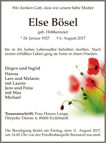 Traueranzeige von Else Bösel von SYK