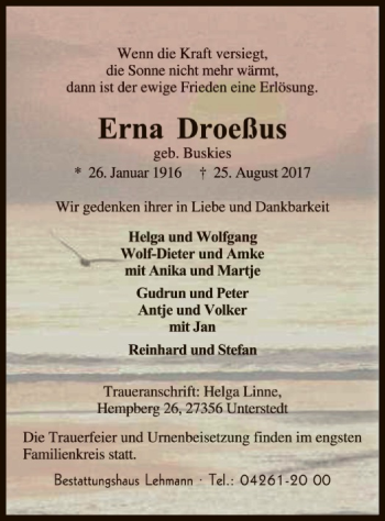 Traueranzeige von Erna Droeßus von SYK