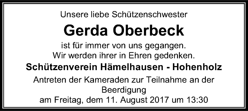  Traueranzeige für Gerda Oberbeck vom 05.08.2017 aus SYK