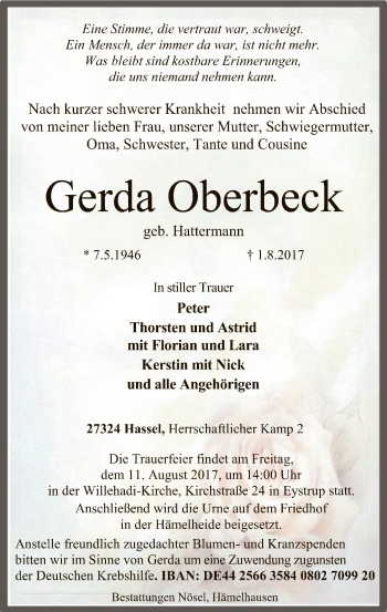 Traueranzeige von Gerda Oberbeck von SYK