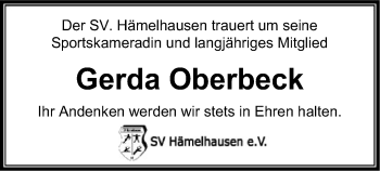 Traueranzeige von Gerda Oberbeck von SYK