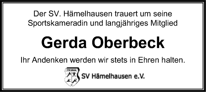  Traueranzeige für Gerda Oberbeck vom 05.08.2017 aus SYK