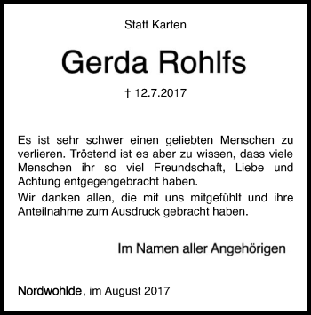 Traueranzeige von Gerda Rohlfs von SYK