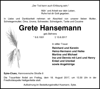 Traueranzeige von Grete Hansemann