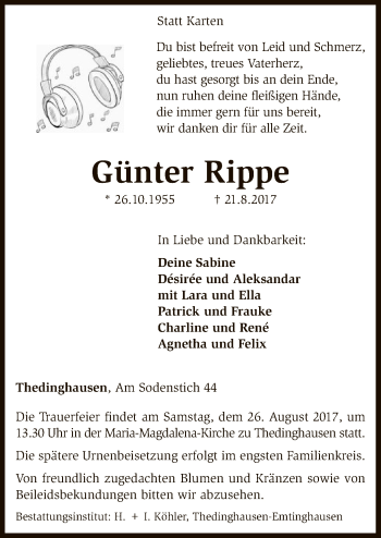 Traueranzeige von Günter Rippe von SYK