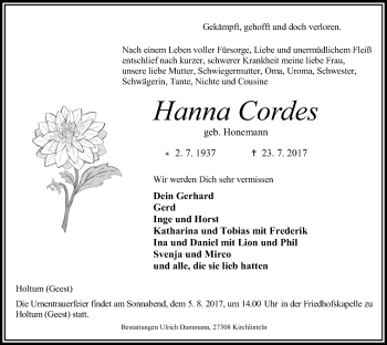 Traueranzeige von Hanna Cordes von SYK