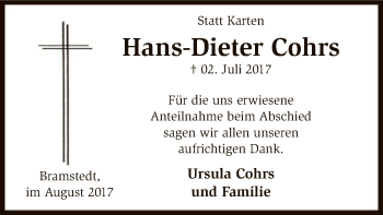 Traueranzeige von Hans-Dieter Cohrs von SYK