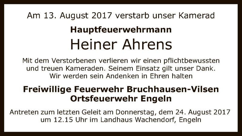  Traueranzeige für Heiner Ahrens vom 18.08.2017 aus SYK