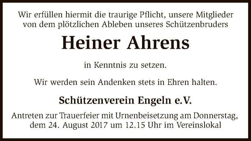  Traueranzeige für Heiner Ahrens vom 18.08.2017 aus SYK