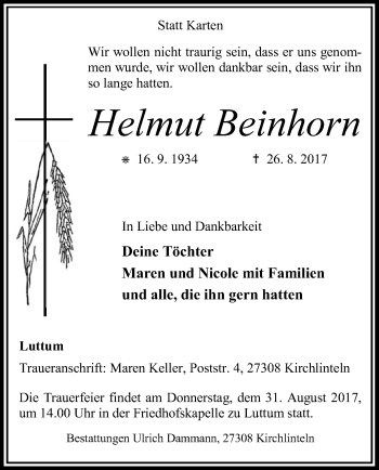 Traueranzeige von Helmut Beinhorn von SYK