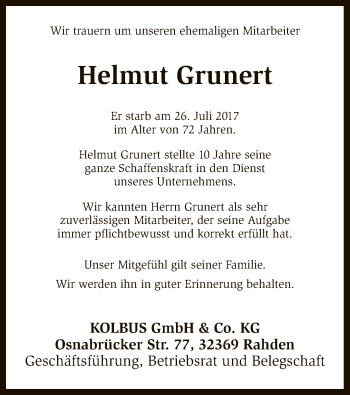 Traueranzeige von Helmut Grunert von SYK