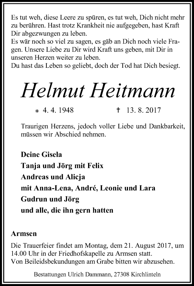 Traueranzeige für Helmut Heitmann vom 16.08.2017 aus SYK